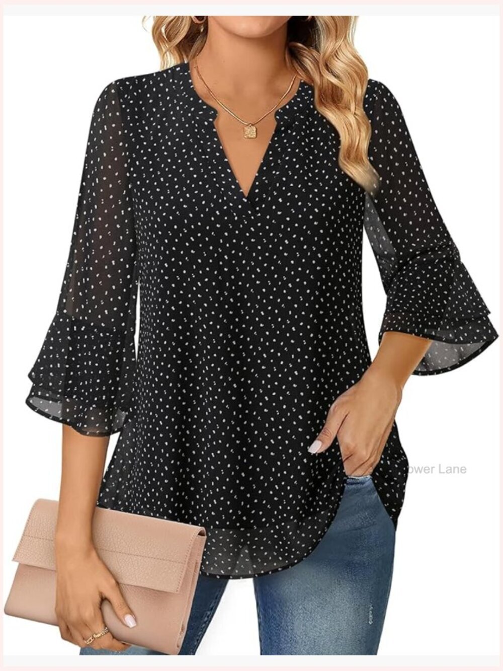 Double Layered Chiffon Blouse with 3/4 Bell Sleeves Tunic Top